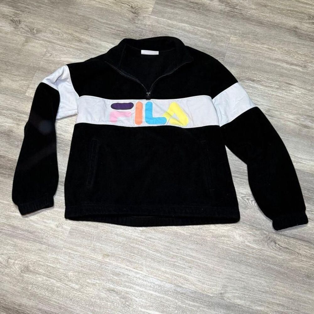 Fila Women's Fleece Quarter Zip Sweatshirt Pullover thick‎ Black w/Logo M